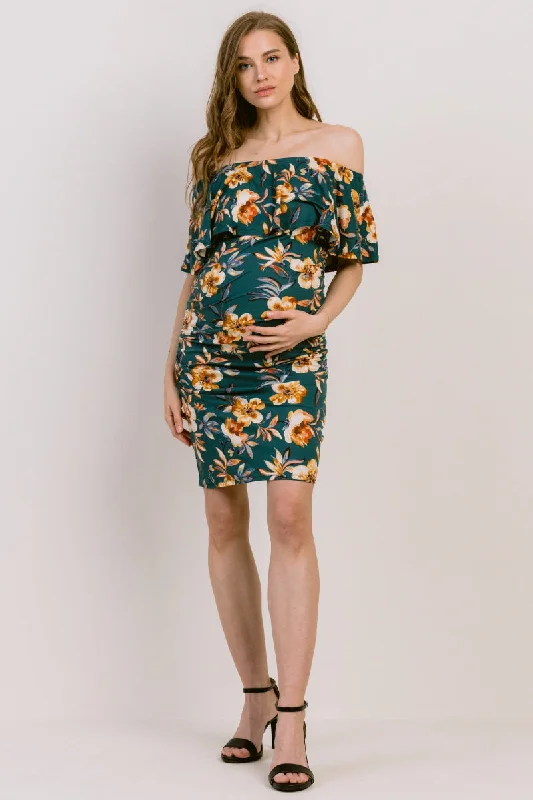 Floral Print Ruffled Off Shoulder Maternity Dress