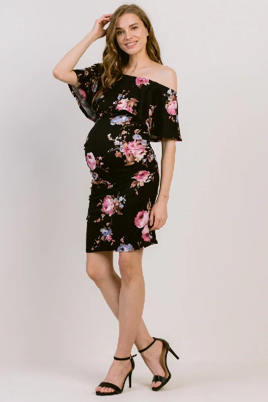 Floral Print Ruffled Off Shoulder Maternity Dress