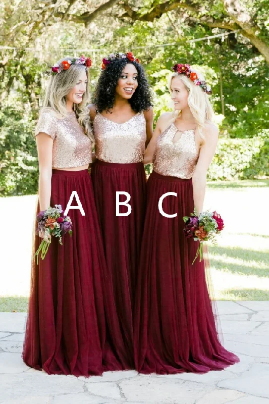 Gold Sequin Two Piece Burgundy Bridesmaid Dresses Tulle Skirt