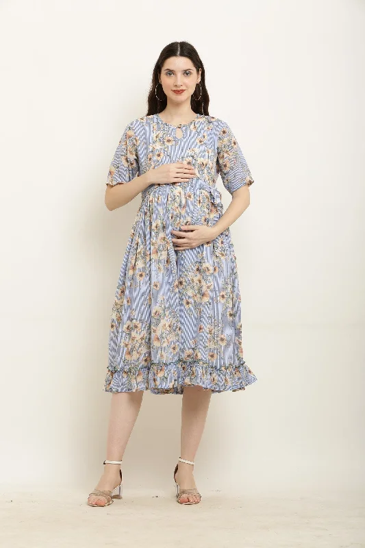 Ice Blue Daisy Frill Concealed Zips Nursing Dress