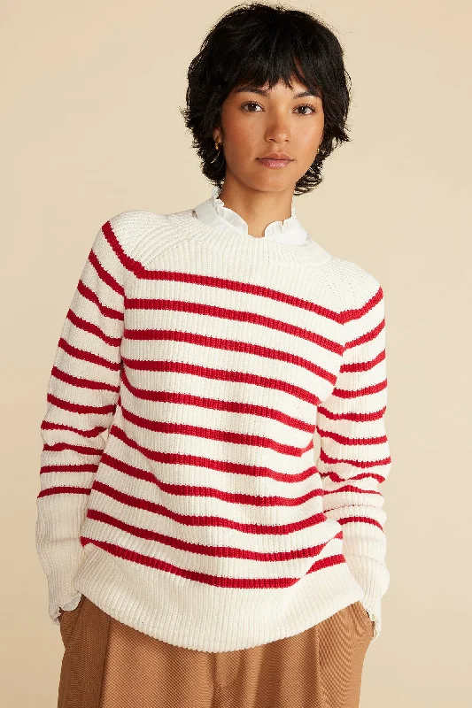 Layla Organic Cotton Sweater - Ivory and Red Stripe