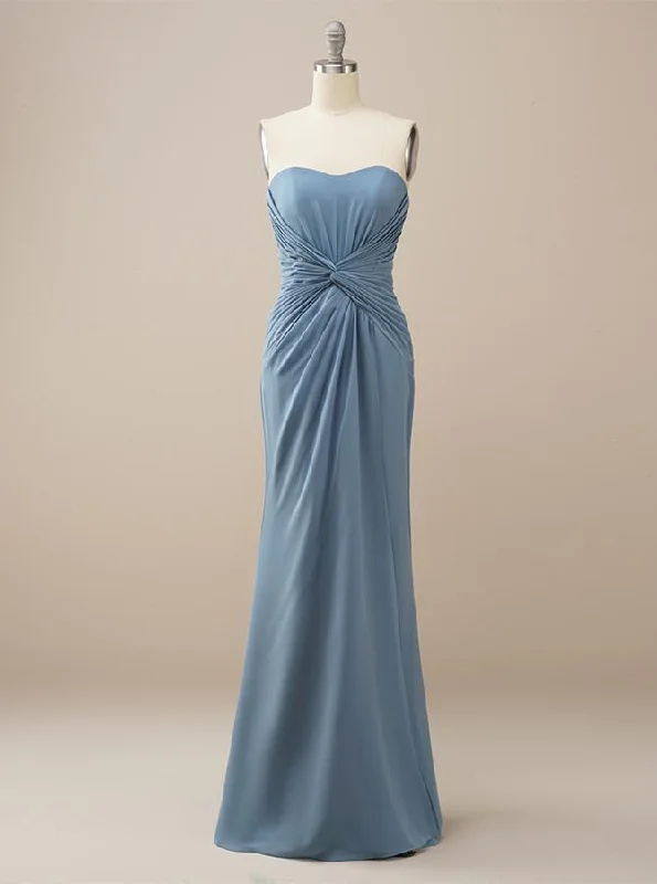 Long Strapless Blue Chiffon Bridesmaid Dress BM221