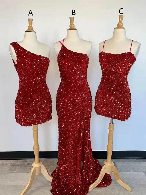 Mismatched Red Sequin Prom Dresses, Bridesmaid Dresses, Mermaid Prom Dresses, 2022 Prom Dresses, Shiny Prom Dresses, RC023