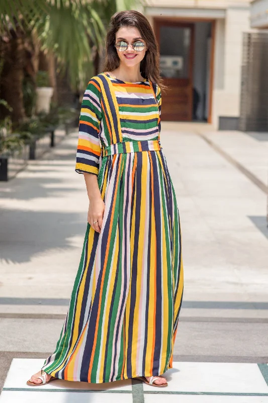 Vivacious Multicolor Striped Crepe Maternity & Nursing Maxi