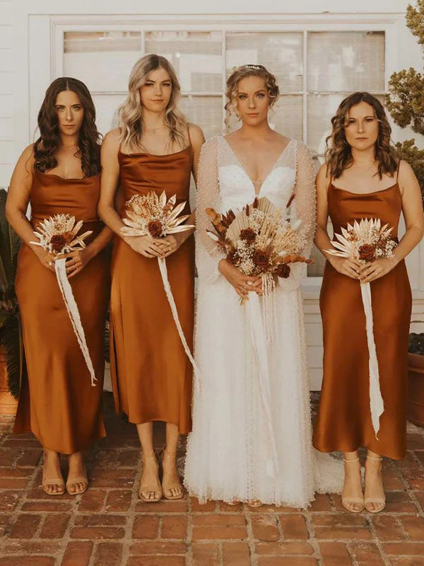 New Arrival Burnt Orange Satin Simple Elegant Formal Bridesmaid Dresses BD128