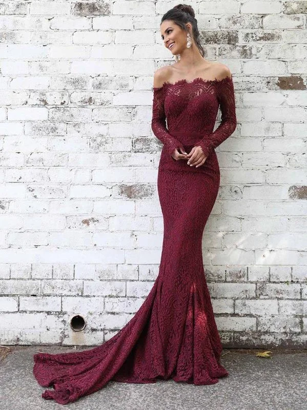 Off Shoulder Mermaid Lace Long Sleeves Prom Dresses