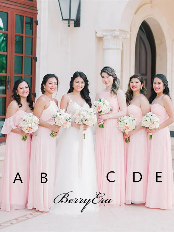 Pink Color Mismatched Bridesmaid Dresses, Chiffon Wedding Guest Dresses