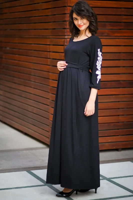 Premium Black Lycra Crochet Sleeves Maternity Dress