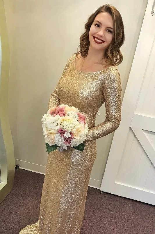 Scoop Neck Gold Sequin Bridesmaid Dresses Long Sleeves