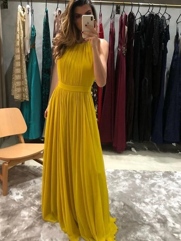 Sleeveless Long A-line Yellow Chiffon Bridesmaid Dresses, Simple Bridesmaid Dresses