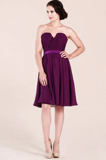 Strapless V-cut Short Pleated Chiffon Dress