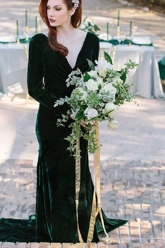 V-neckline Velvet Dark Green Bridesmaid Dress Long Sleeves