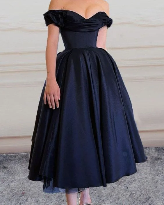 Vintage Satin Bridesmaid Dresses Tea Length Off The Shoulder prom dress, evening dress    cg22151