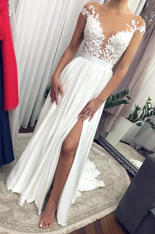 White round neck lace long prom dress white lace bridesmaid dress    cg13447