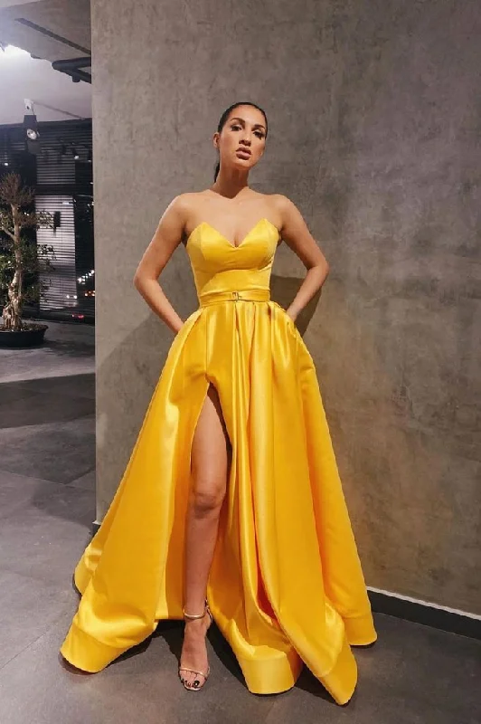 YELLOW SATIN LONG PROM DRESS SIMPLE YELLOW BRIDESMAID DRESS   cg13640