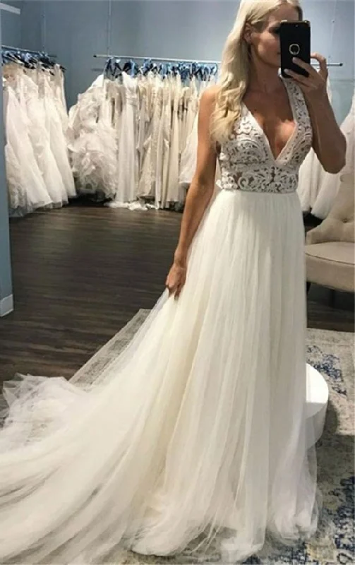 The ultimate destination for women’s clothing A-Line Deep V-Neck Sweep Train Beach Wedding prom Dress with Lace cg6070 The ultimate destination for women’s clothing A-Line Deep V-Neck Sweep Train Beach Wedding prom Dress with Lace cg6070