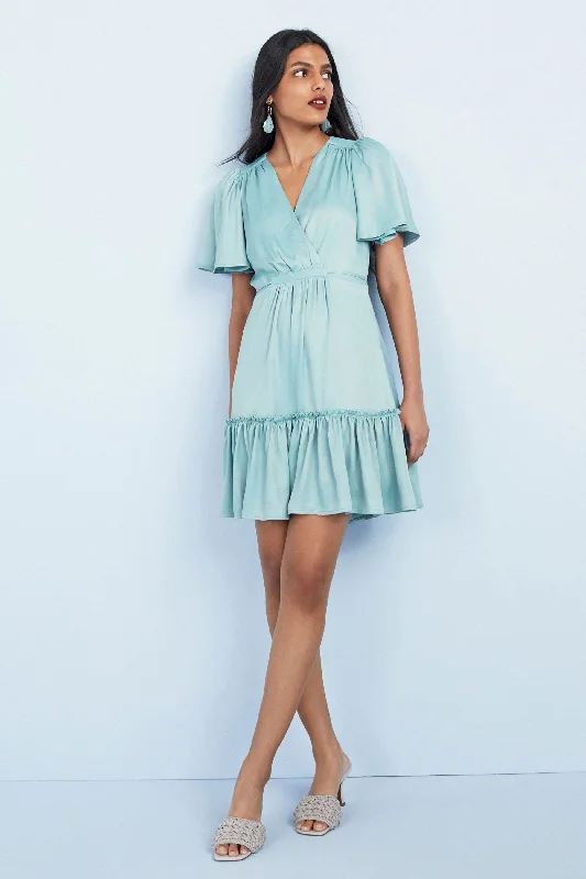 Blue Satin Wrap Mini Tier Dress