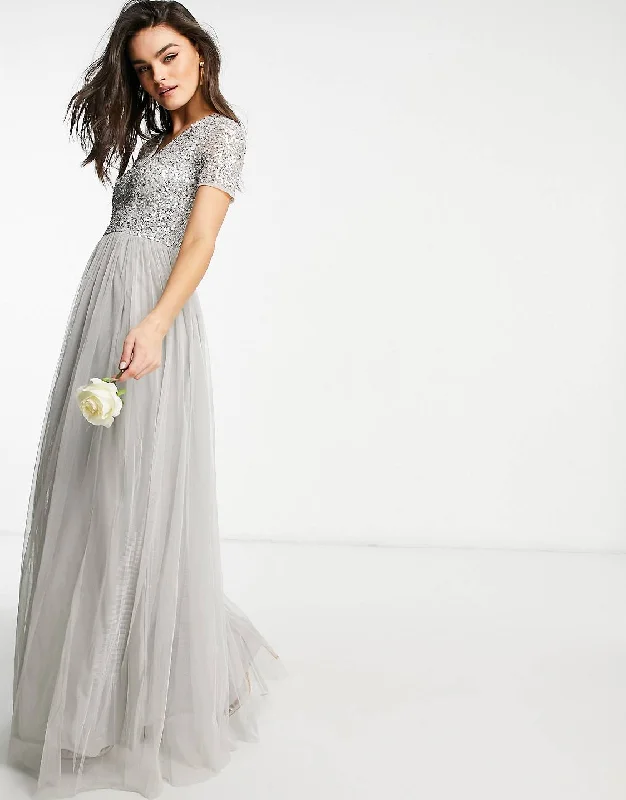 Classic pieces for a timeless wardrobe   Grey V-Neck Short Sleeve Sequin Maxi Dress