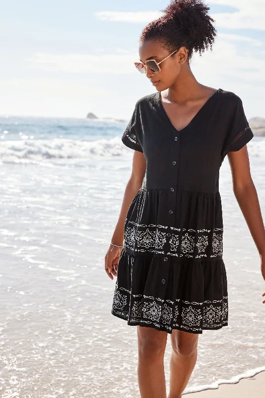 Linen Blend Tiered Mini Dress Black