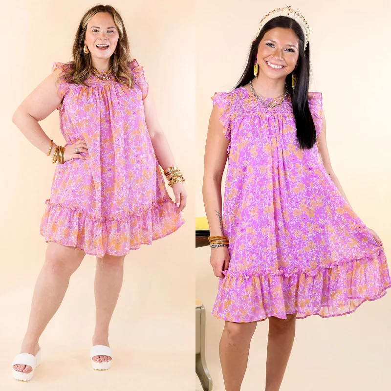 Confidence-boosting clothing for women   New To The Scene Floral Dress with Ruffle Cap Sleeves in Purple and Orange