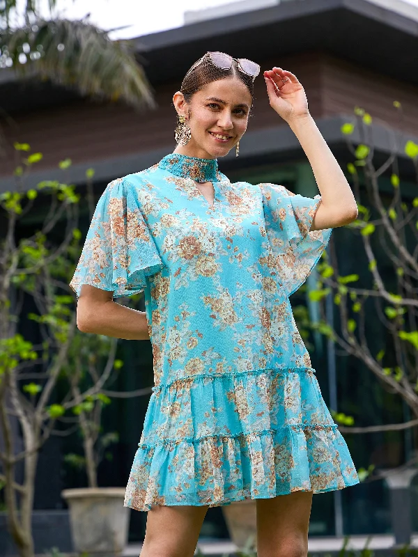 Get noticed with eye-catching women’s fashion Women Turquoise Floral Tiered Short Dress Get noticed with eye-catching women’s fashion Women Turquoise Floral Tiered Short Dress