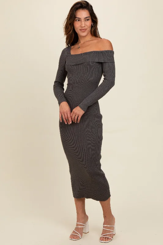 Charcoal Foldover One Shoulder Maxi Sweater Dress