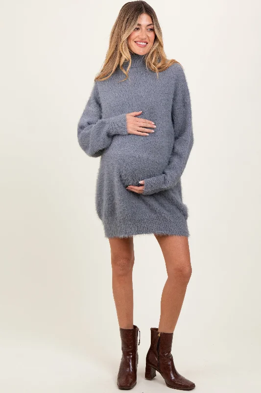 Cream Fuzzy Knit Turtleneck Maternity Sweater Mini Dress