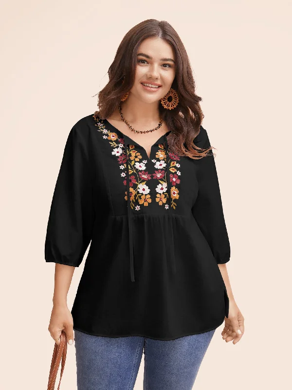 Floral Embroidered Tie Knot Lantern Sleeve Blouse