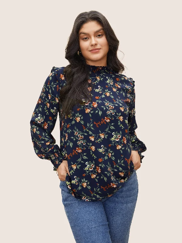 Floral Lantern Sleeve Shirred Mock Neck Blouse