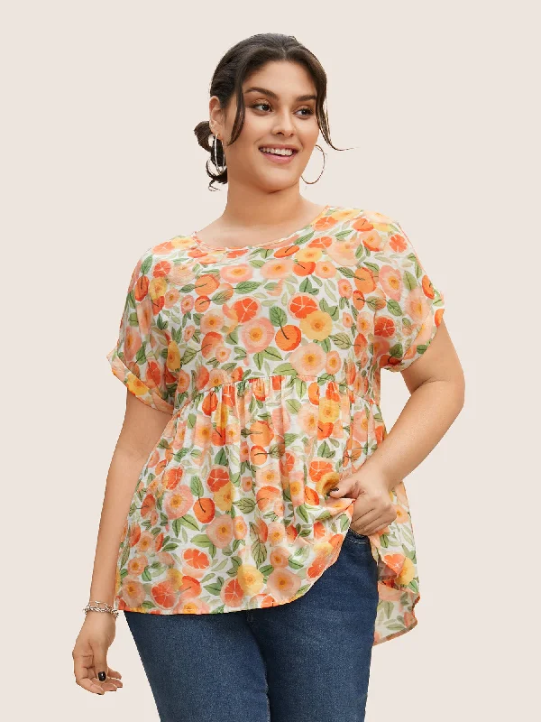 Fruit Print Curved Hem Batwing Sleeve Blouse