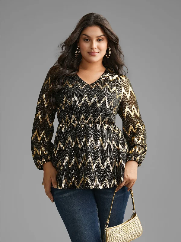 Gold Shimmer Elastic Waist V-neck Blouse