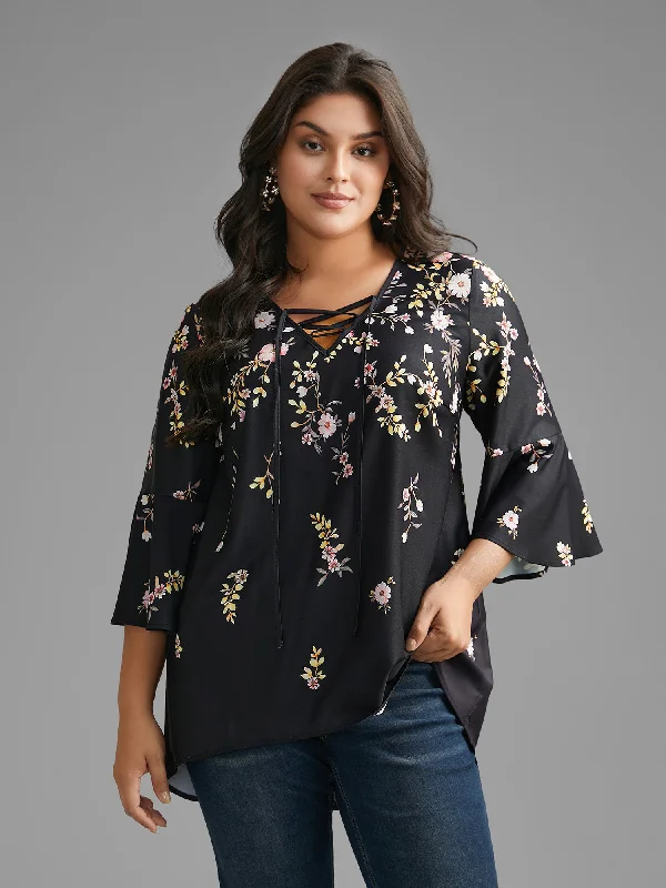 Gradient Floral Ruffle Sleeves Blouse