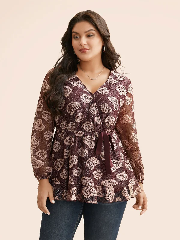 Leaf Print Mesh Tie Knot Blouse