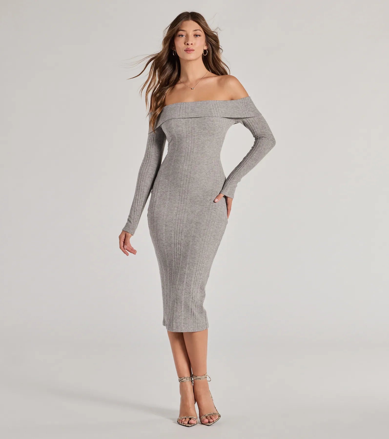 Perfect Curves Ribbed Knit Off-The-Shoulder Midi Dress