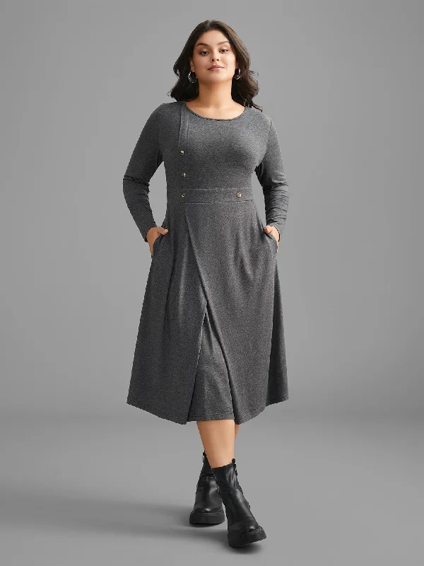 Solid Button Detail Wrap Hem Knit Dress