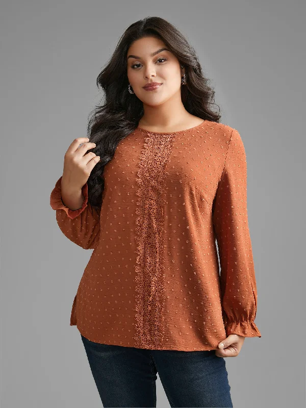 Textured Lace Panel Lantern Sleeve Blouse