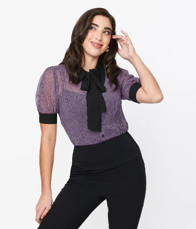 Voodoo Vixen Black & Purple Gingham Neck Tie Blouse