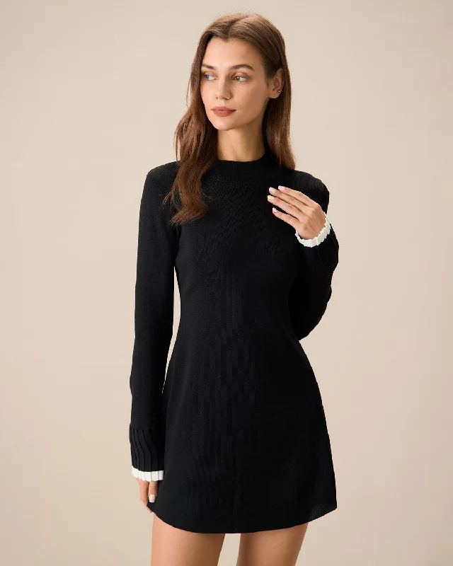 Women's Black Contrasting Sweater Mini Dress