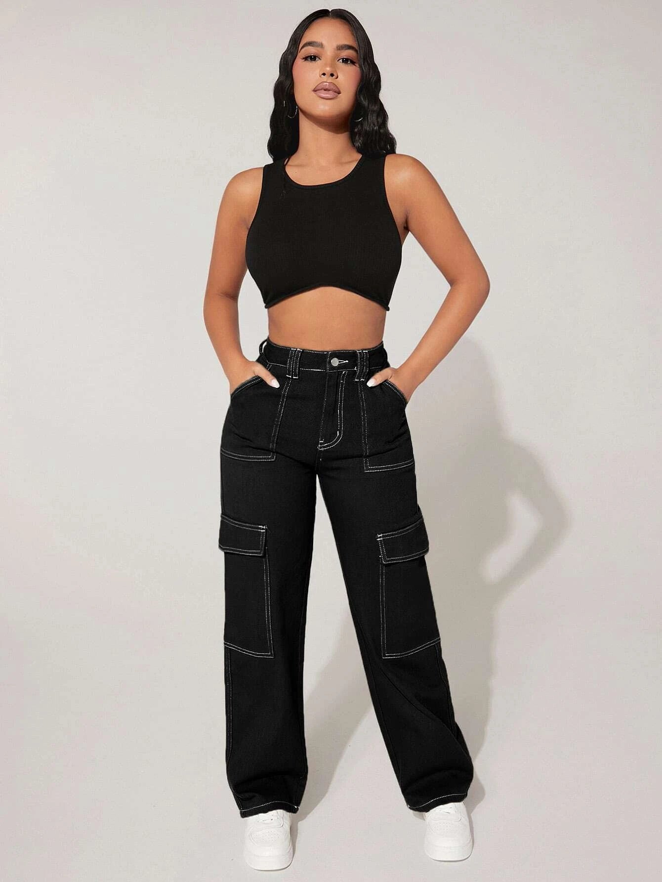 Flap Pocket High Waist Cargo Pants