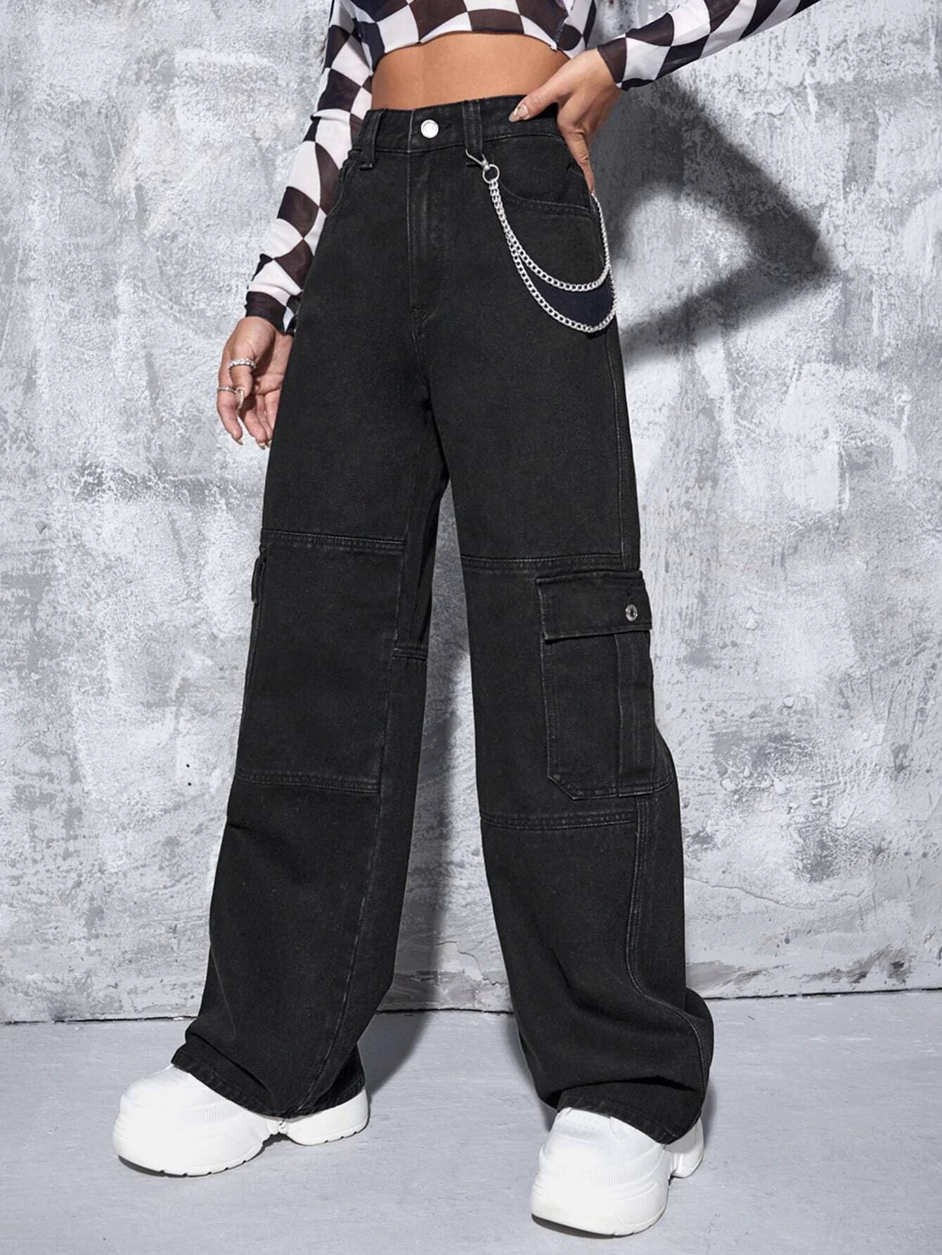 High Rise Chain Pocket Denim Cargo Pants