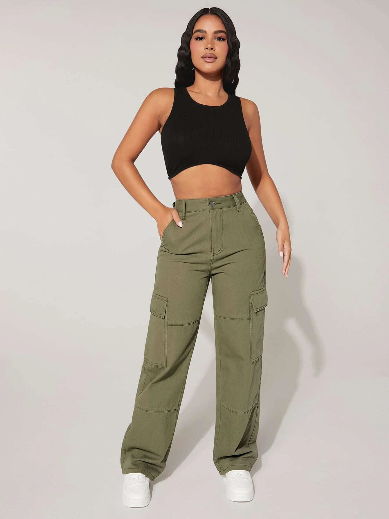 High Waist Cargo Pants With Button