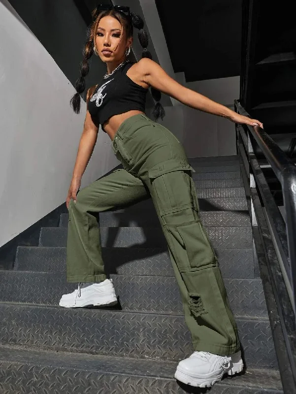 High Waist Western Flap Pocket Ripped Cargo Pants