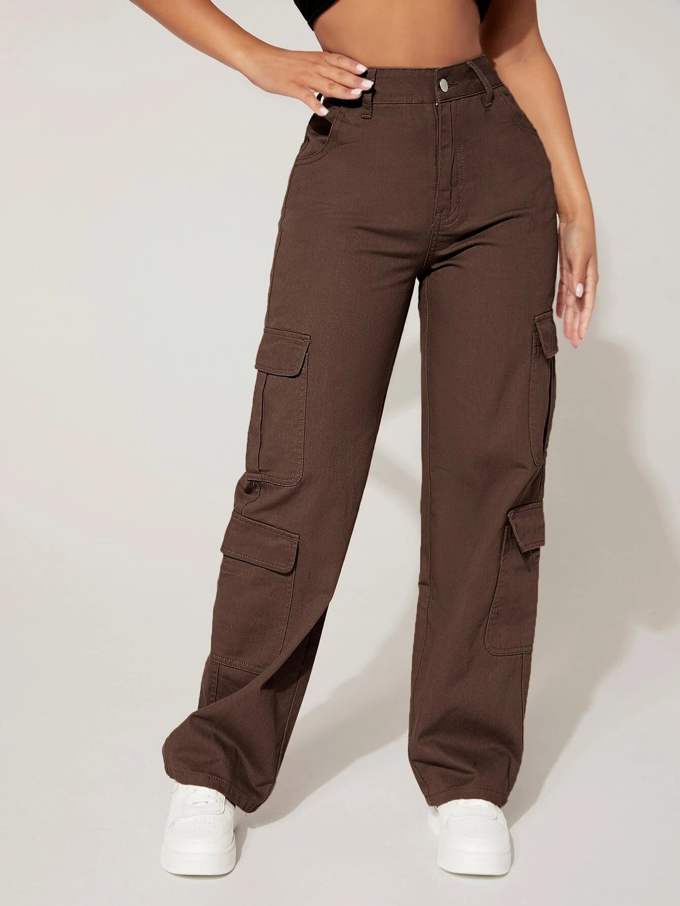 Plain Straight Leg Flap Pocket Cargo Pants