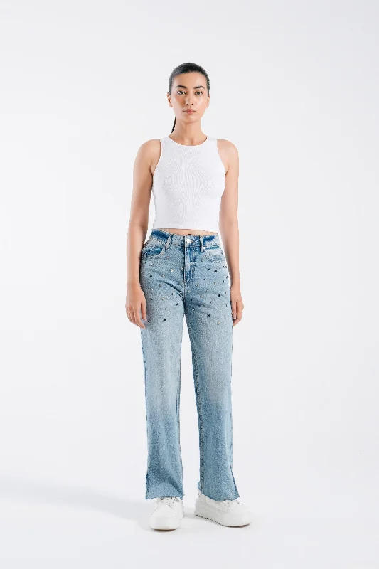 High-fashion styles at affordable prices   Straight Leg Jeans With Rhinestones