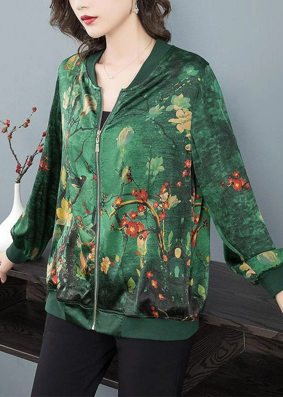 Green O-Neck Print Zip Up Silk Coats Long Sleeve