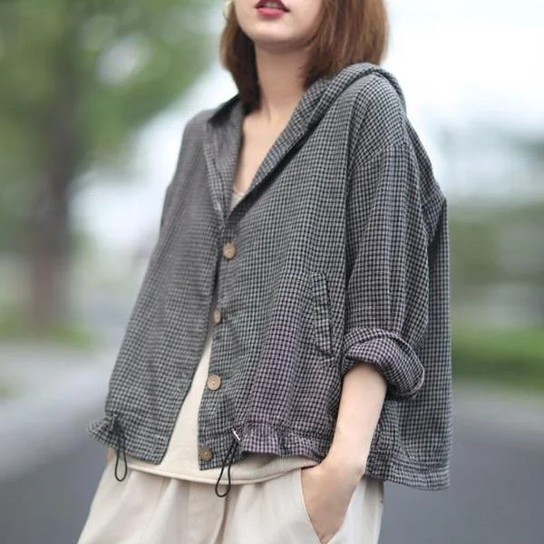 Women Retro Plaid Hooded Drawstring Single Breasted Coats