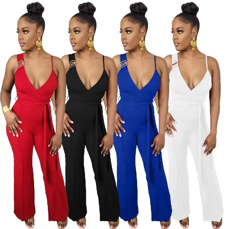 J&H 2023 new arrivals sexy deep v neck wide leg jumpsuits women sleeveless elegance summer outfits