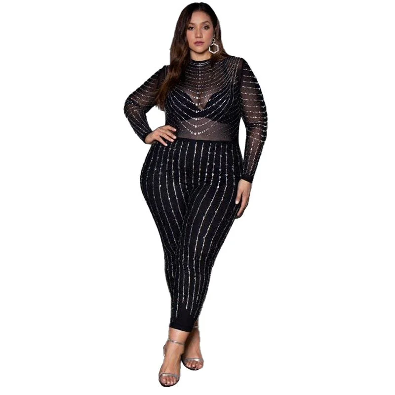 New Arrivals womens clothing 2023 mesh sheer women bodysuit sexy long-sleeve Rompers hot diamond plus size jumpsuits