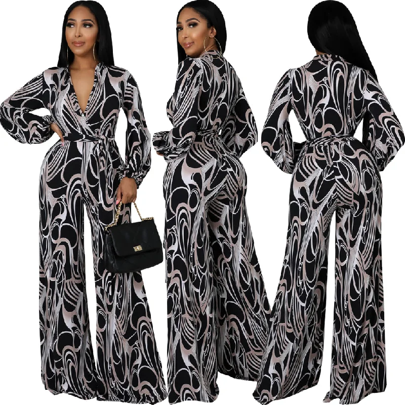 Trendy Women Clothes Sexy Club Wear Girls Clothing Casual Long Sleeve High Waist V Neck Printed Jumpsuits