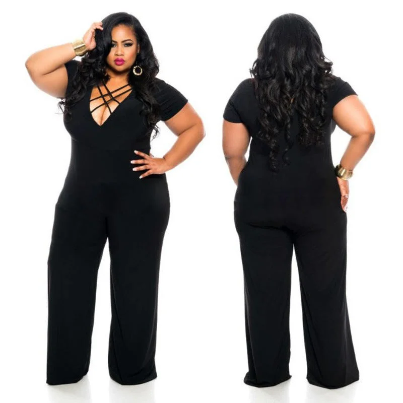 women plus size jumpsuit black large size sexy solid color V-neck tie jumpsuit womens summer jumpsuits